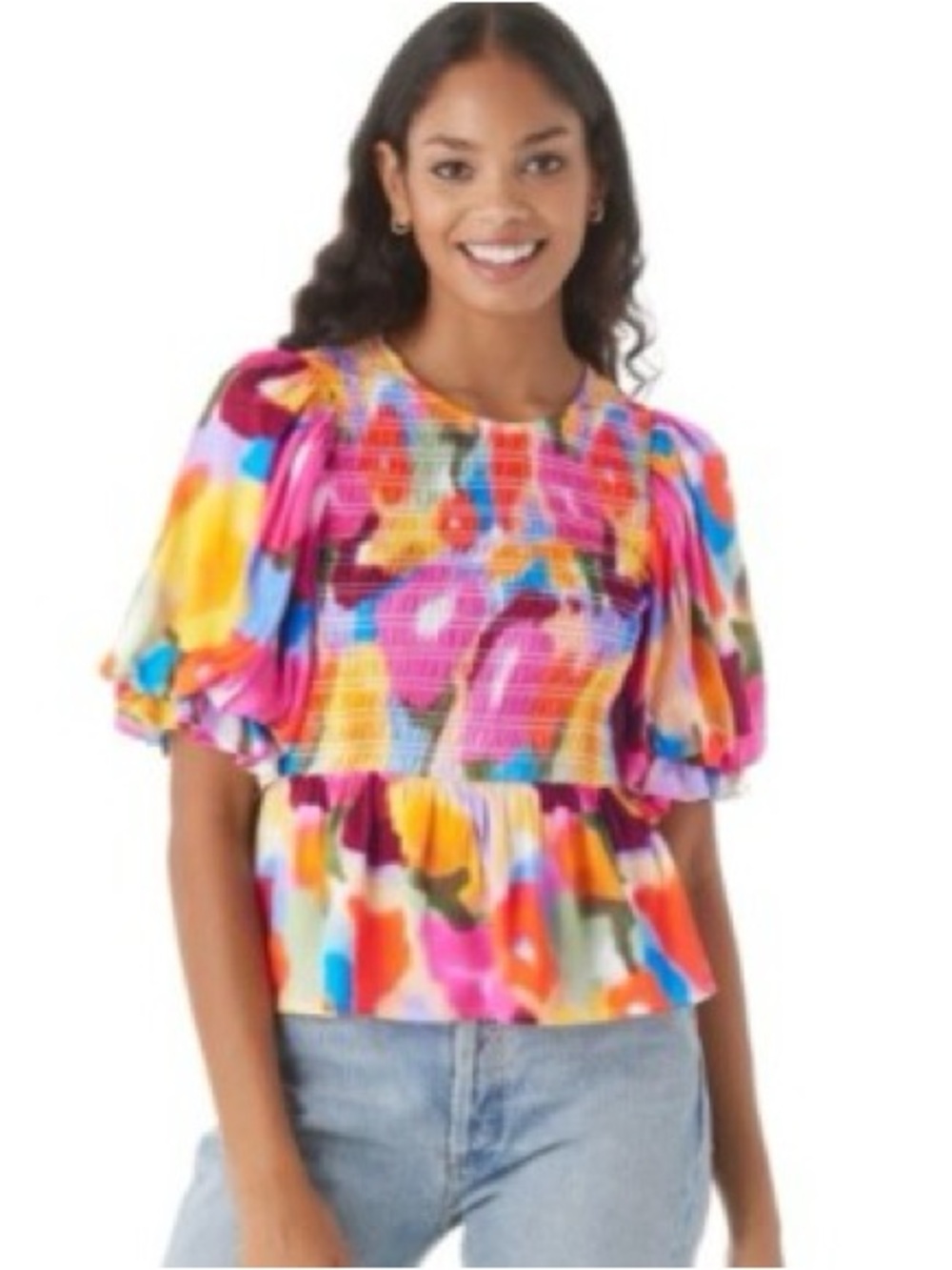 CROSBY by Mollie Burch Multicolor Smocked Puff-Sleeve Top. NWOT. Never worn